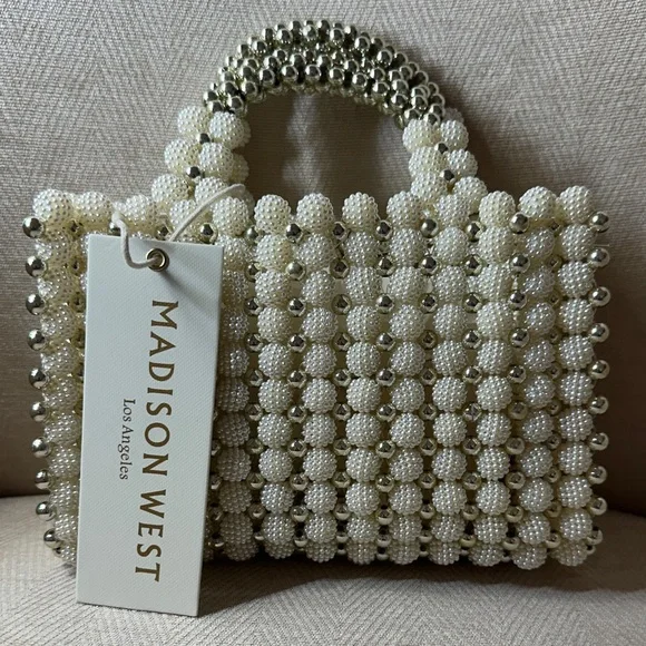 Evening Bag Madison West Silver and Pearl Beaded Mini Bag - Picture 1 of 8